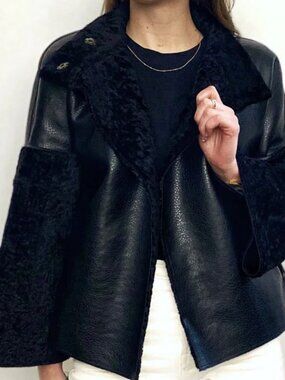 FURious Fur Black Cropped Jacket – Vegan Leather & Shearling Trim- Medium